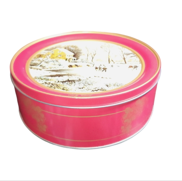 Vintage Sunshine Bakers Currier & Ives Early Winter Large Cookie Tin 3.5"HX10"D - Picture 2 of 10